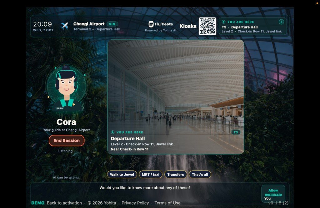 Demo kiosk session using Singapore Changi as sample data. Cora is listening, and the glass shows the departure hall. FlyMeets is not affiliated with Changi Airport.