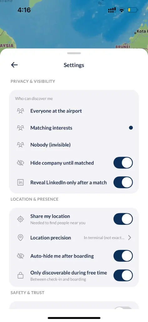 FlyMeets privacy and safety settings